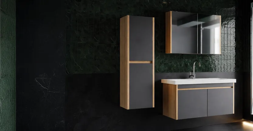 Dallas Aynalı 80 cm Takım Banyo Dolabı Somono Meşe-Antrasit