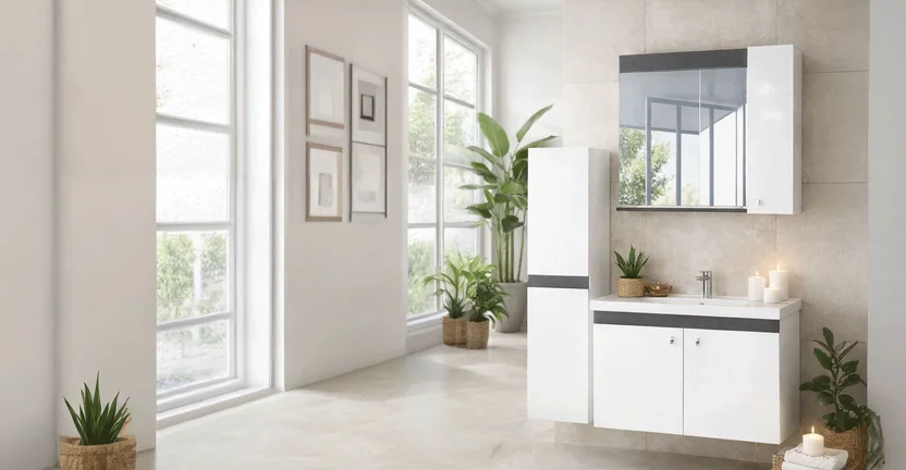 New Bahar Aynalı 80 cm Takım Banyo Dolabı Beyaz