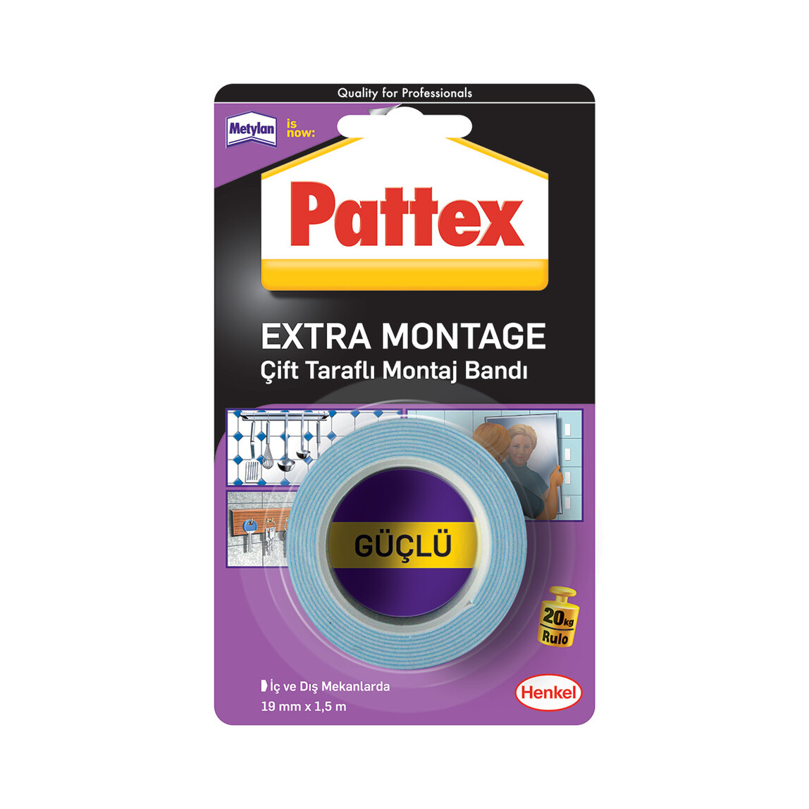    Pattex Extra Montage 20 kg-Çift Taraftlı Montaj Bandı 19 mm x 1,5 m  