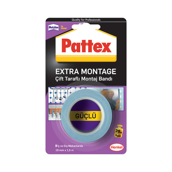 Pattex Extra Montage 20 kg-Çift Taraftlı Montaj Bandı 19 mm x 1,5 m 