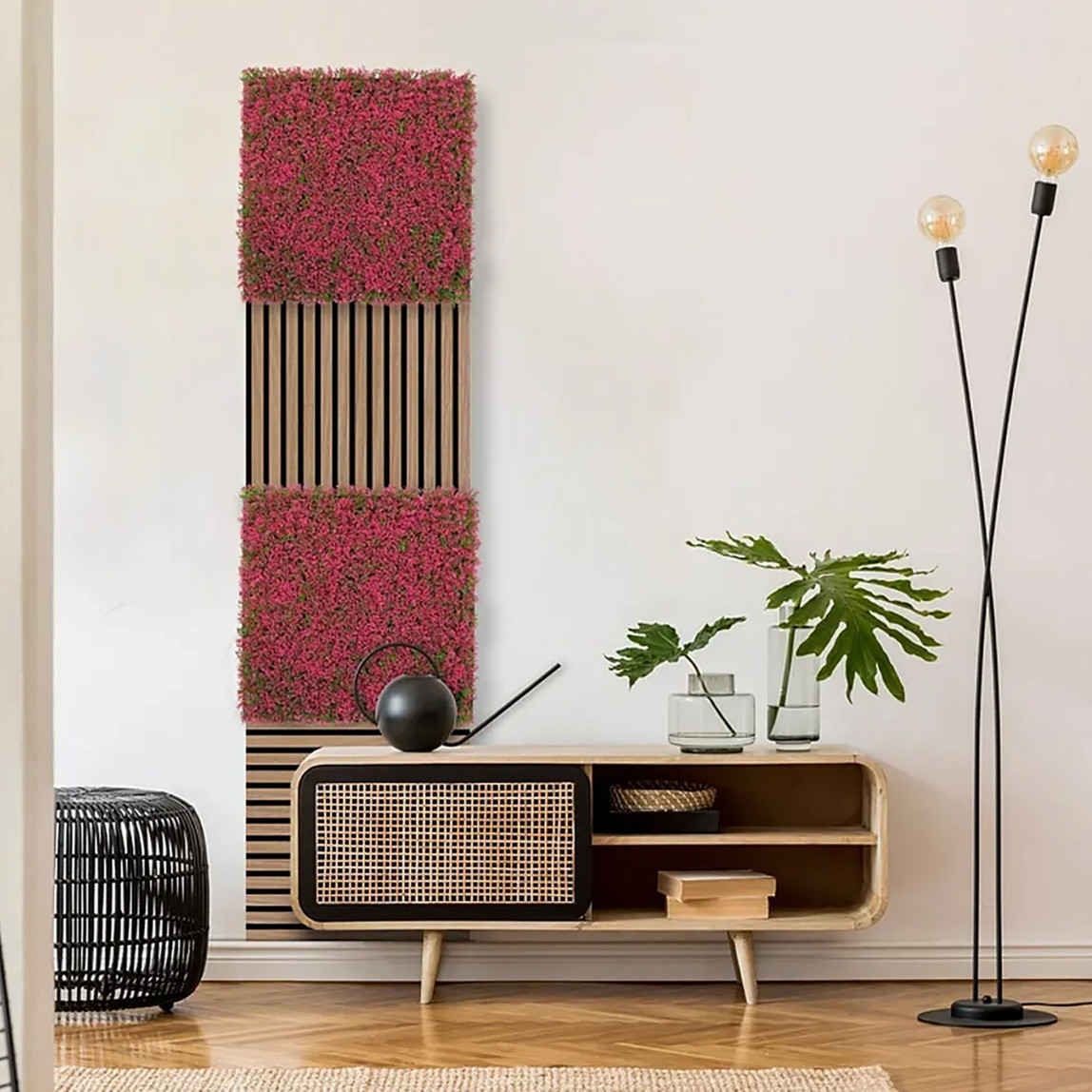    Yapay Bitki Kaplamalı Duvar Paneli Pembe Yeşil Çim 