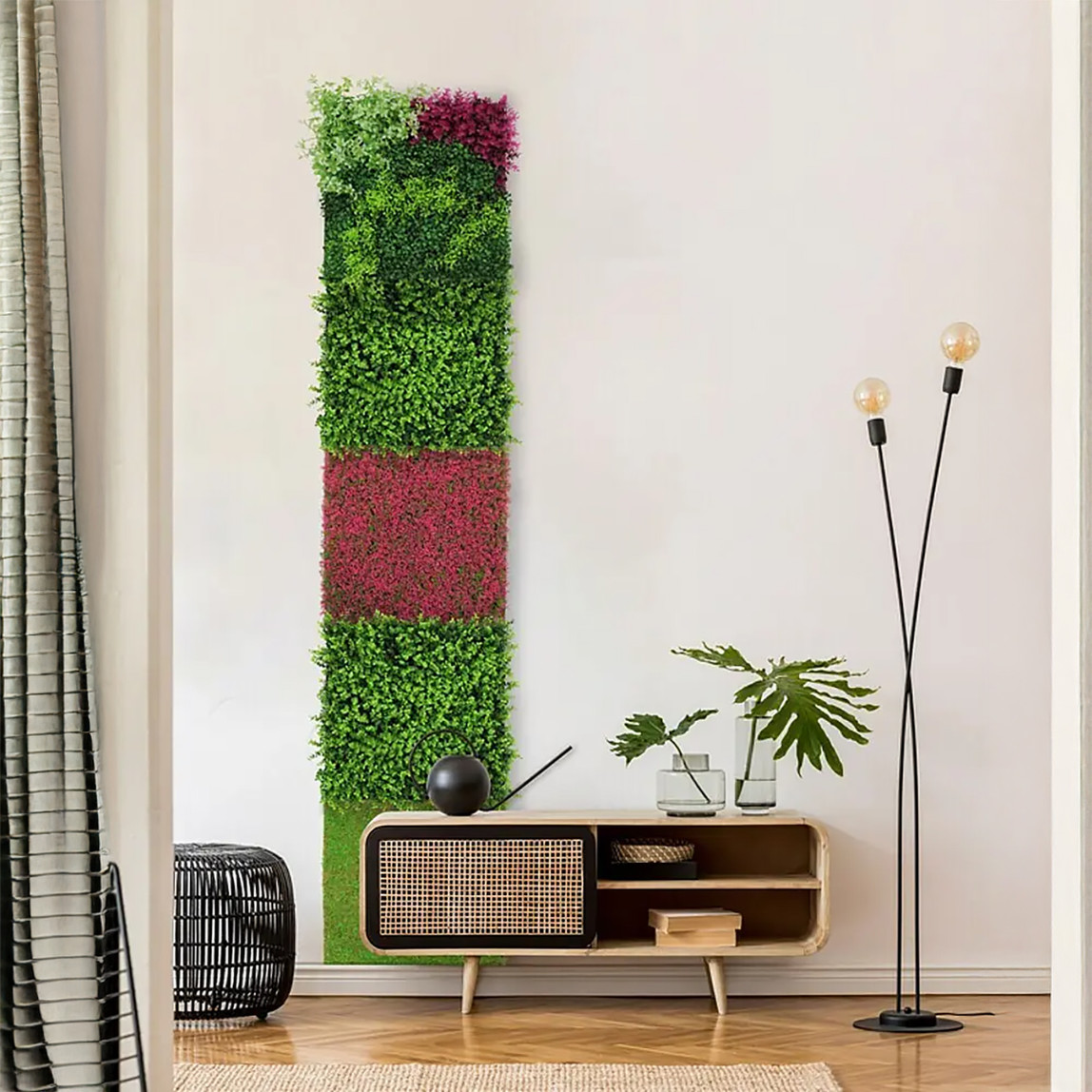    Yapay Bitki Kaplamalı Duvar Paneli Pembe Yeşil Çim 