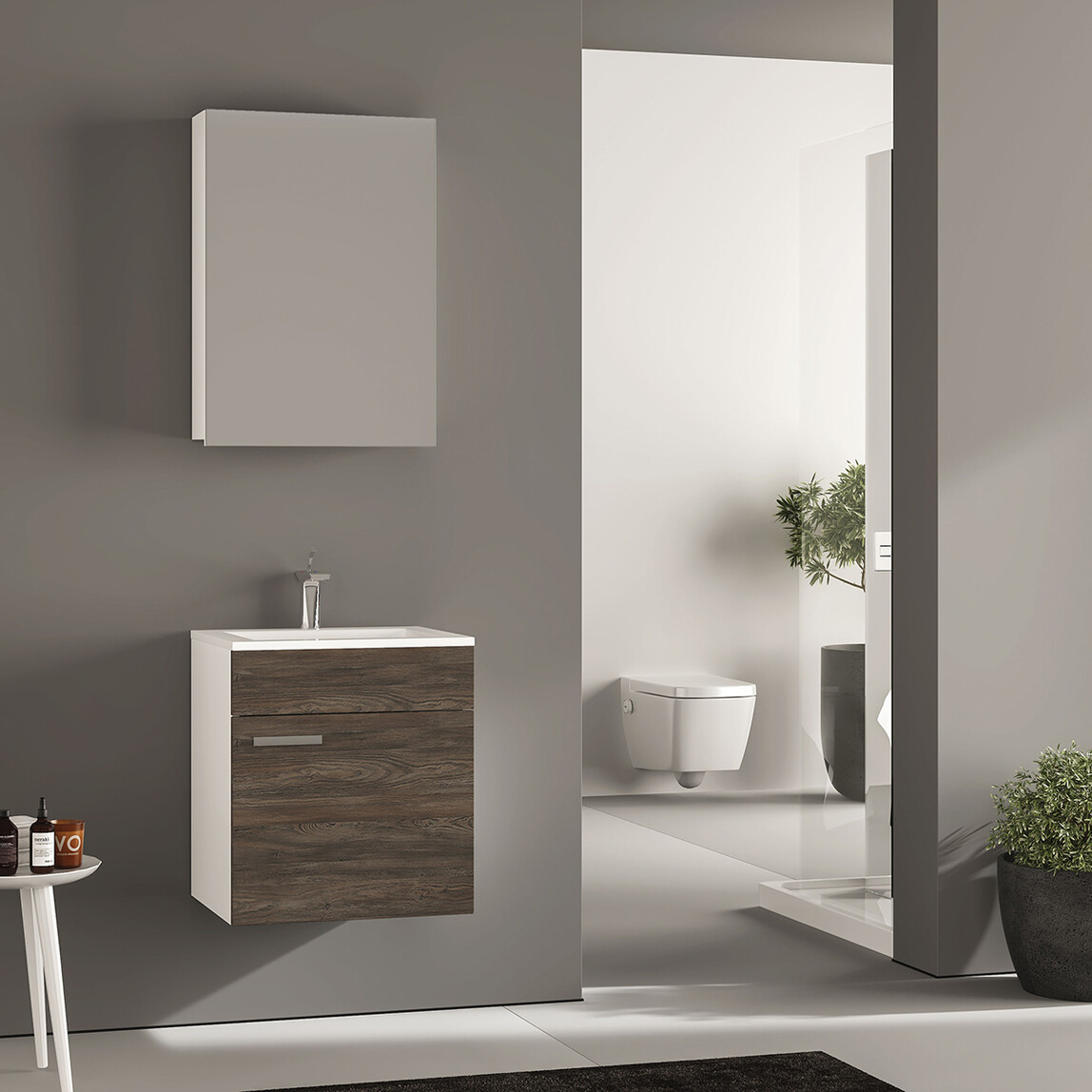    Gold Banyo Adonis Aynalı 56 cm Takım Banyo Dolabı Beyaz-Ceviz 