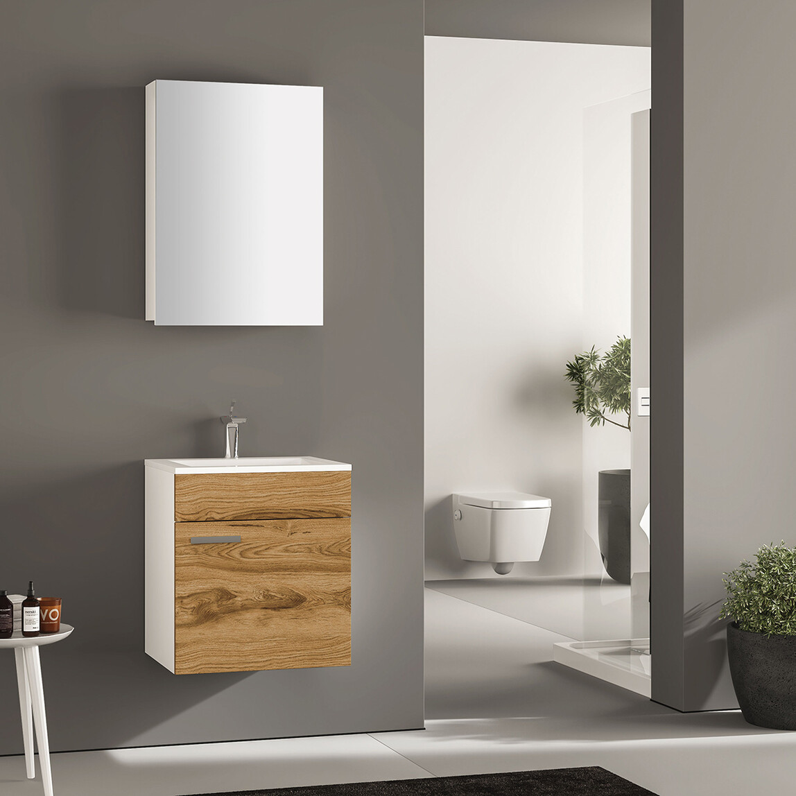    Gold Banyo Adonis Aynalı 56 cm Takım Banyo Dolabı Beyaz-Ceviz 