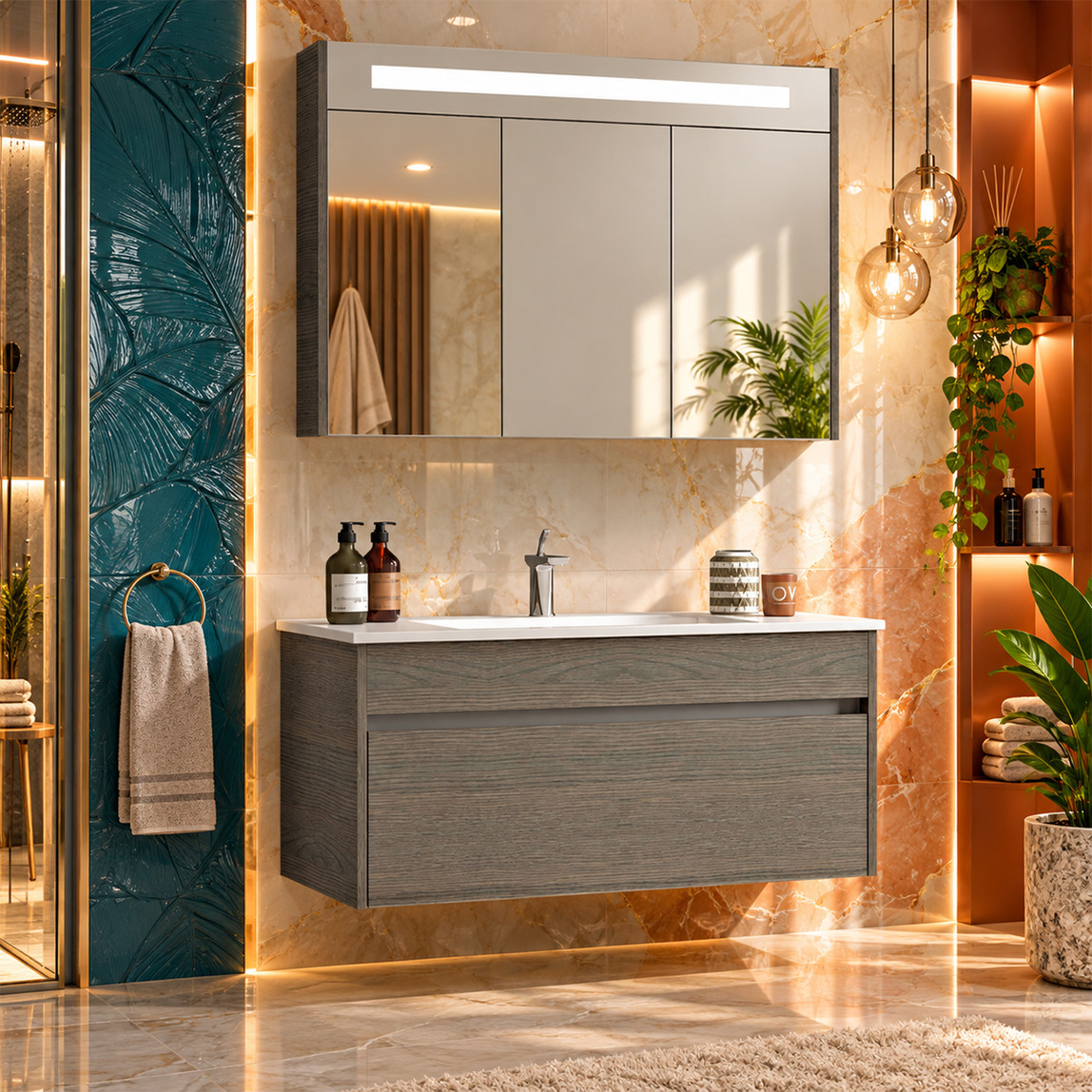    Gold Banyo Perimelis Aynalı 100 cm Takım Banyo Dolabı Yeşil 