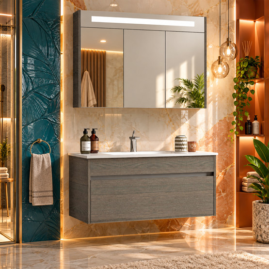Gold Banyo Perimelis Aynalı 100 cm Takım Banyo Dolabı Yeşil