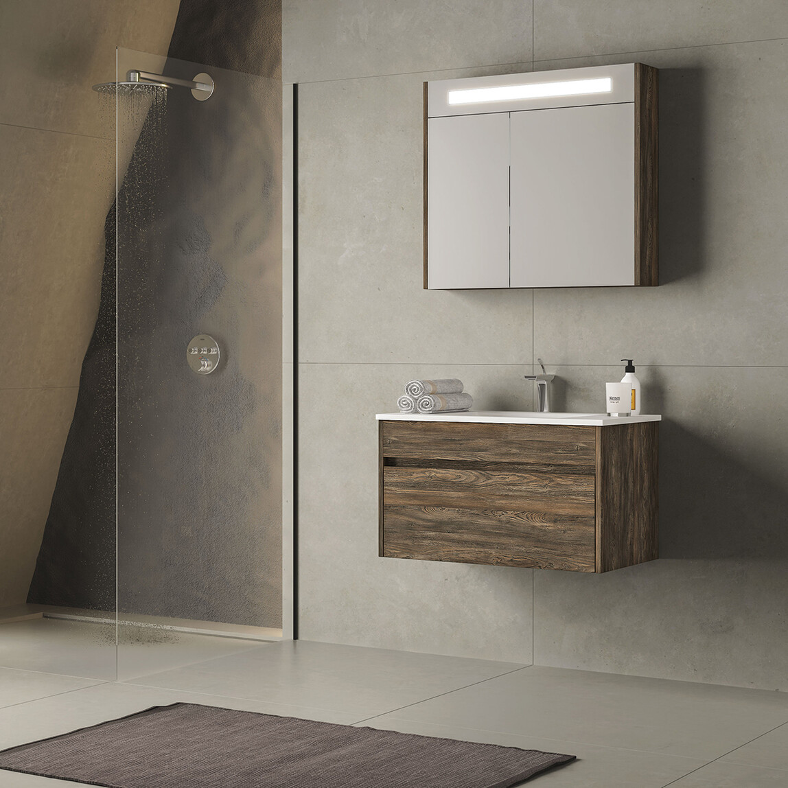    Gold Banyo Perimelis Aynalı 85 cm Takım Banyo Dolabı Ceviz 