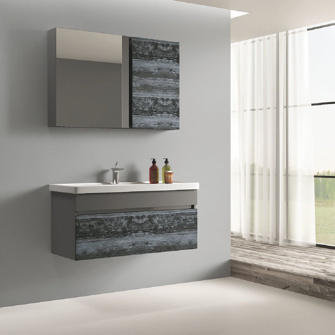    Gold Banyo Ronon Aynalı 100 cm Takım Banyo Dolabı Antrasit 