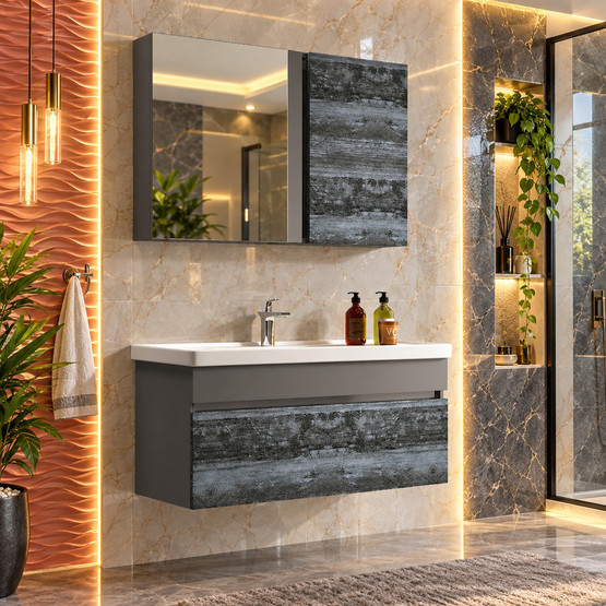 Gold Banyo Ronon Aynalı 100 cm Takım Banyo Dolabı Antrasit