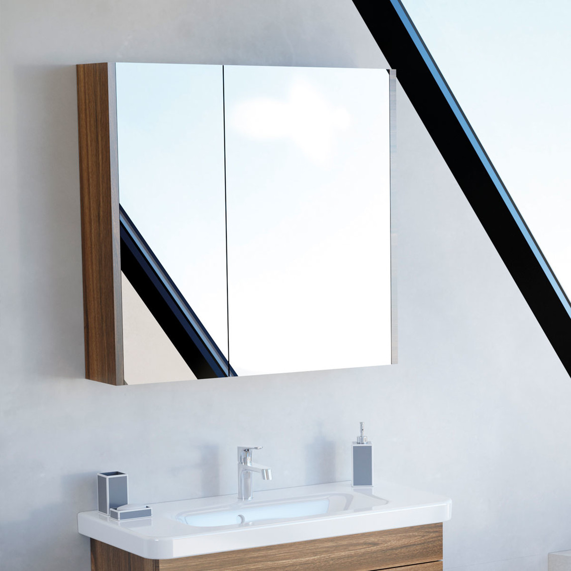    Polka Tiny Aynalı 80 cm Banyo Dolabı Üst Modül Ceviz 
