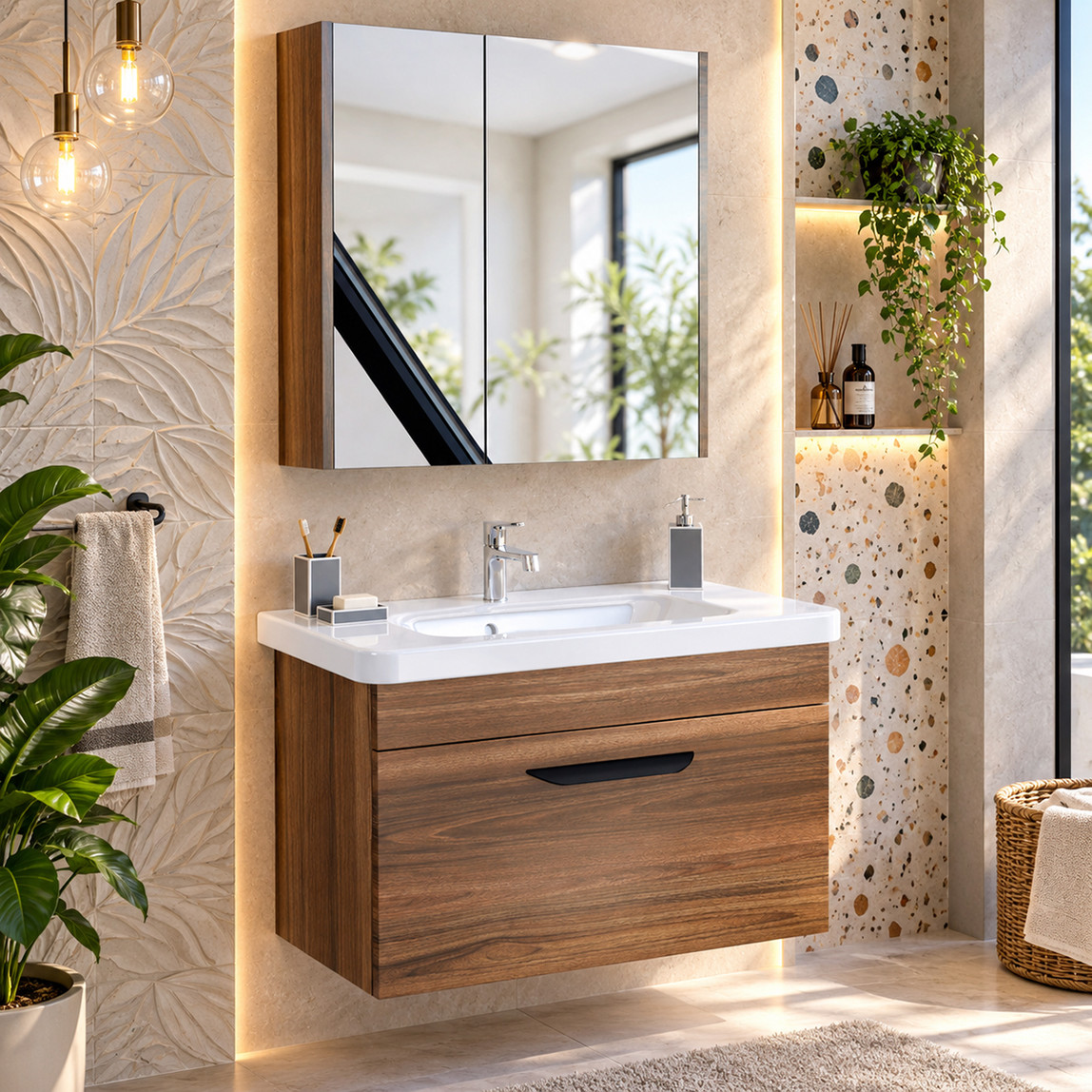    Polka Tiny Aynalı 80 cm Banyo Dolabı Üst Modül Ceviz 