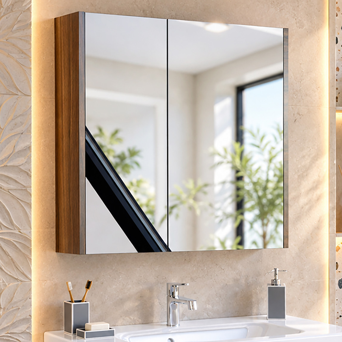    Polka Tiny Aynalı 80 cm Banyo Dolabı Üst Modül Ceviz 
