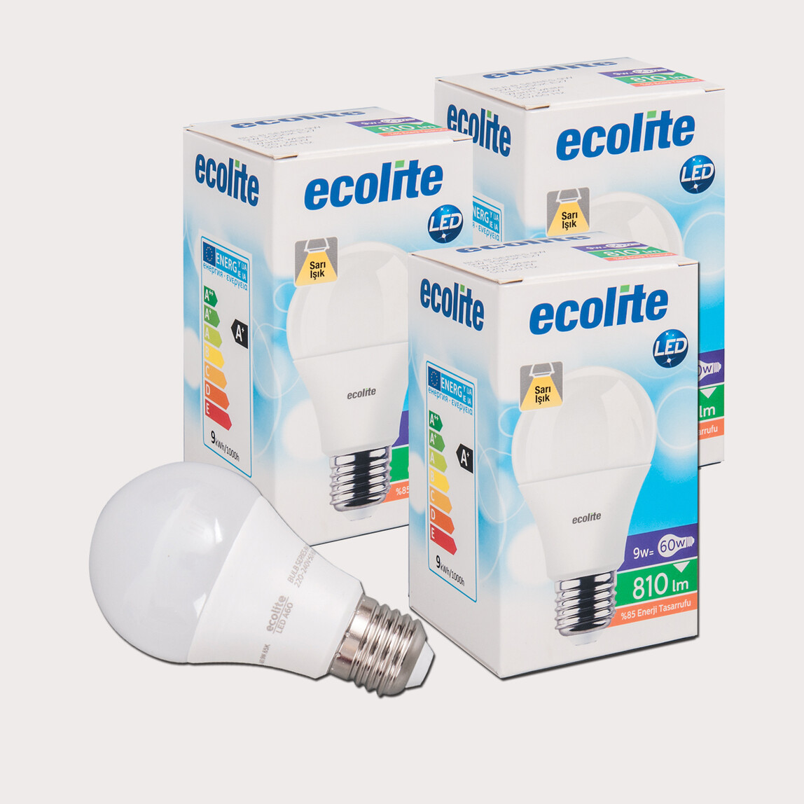    Ecolite A60 9 W Sarı Klasik E27 Duy 3'lü Led Ampul   