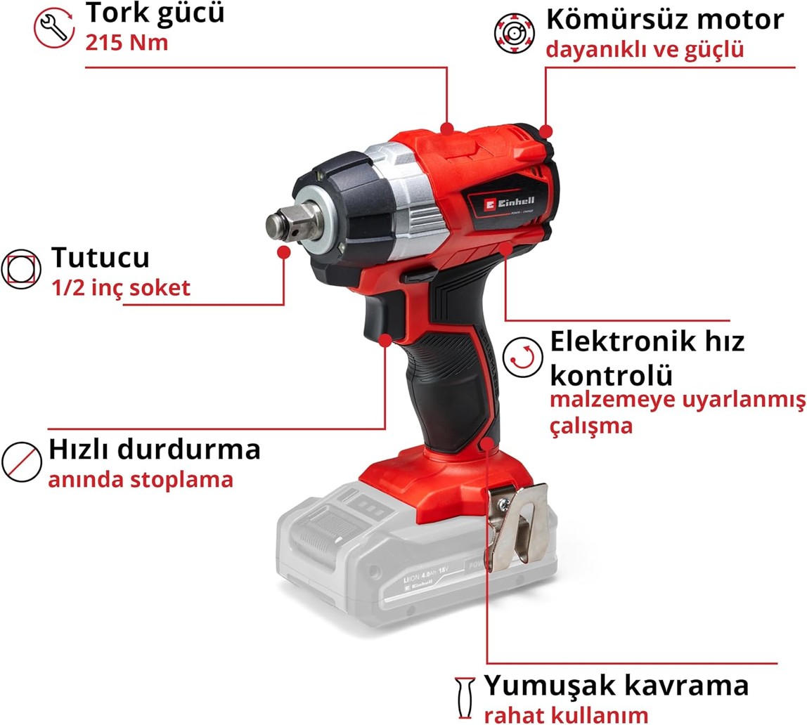    Einhell TE-CW 18 Li BL PXC 18V Li-ion Akülü Darbeli Somun Sıkma Makinesi-Solo (Akü ve Şarj Cihazı Dahil Değildir.) 