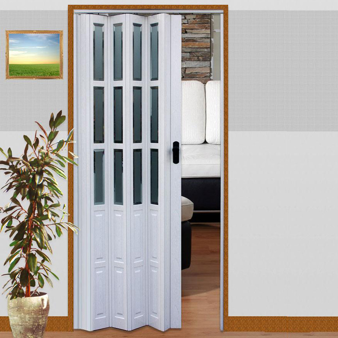    Lorin Camlı Akordiyon Kapı Beyaz   