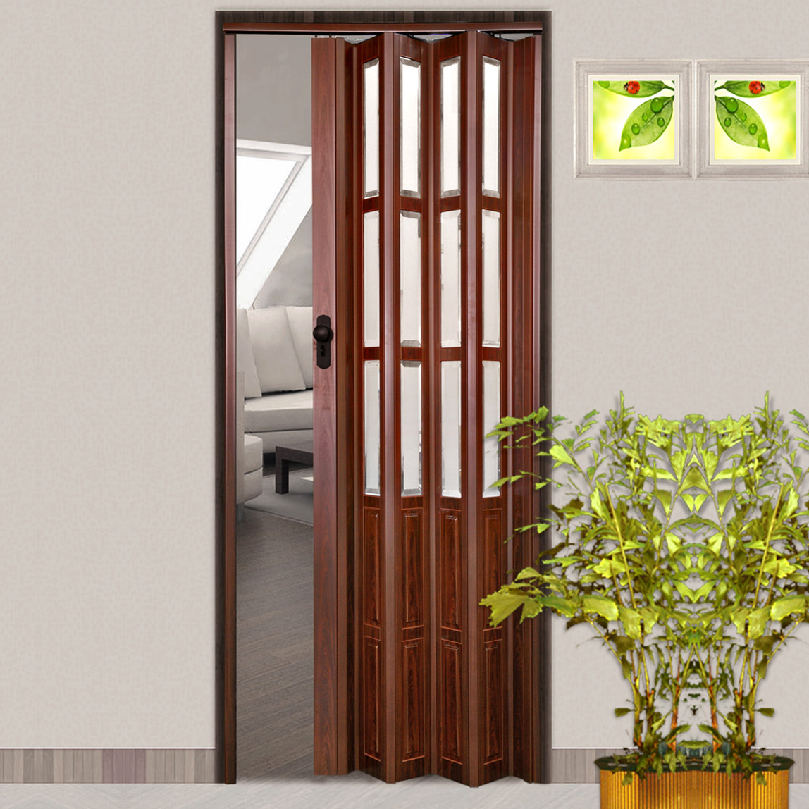    Lorin Katlanır PVC Camlı Akordiyon Kapı Kahverengi 