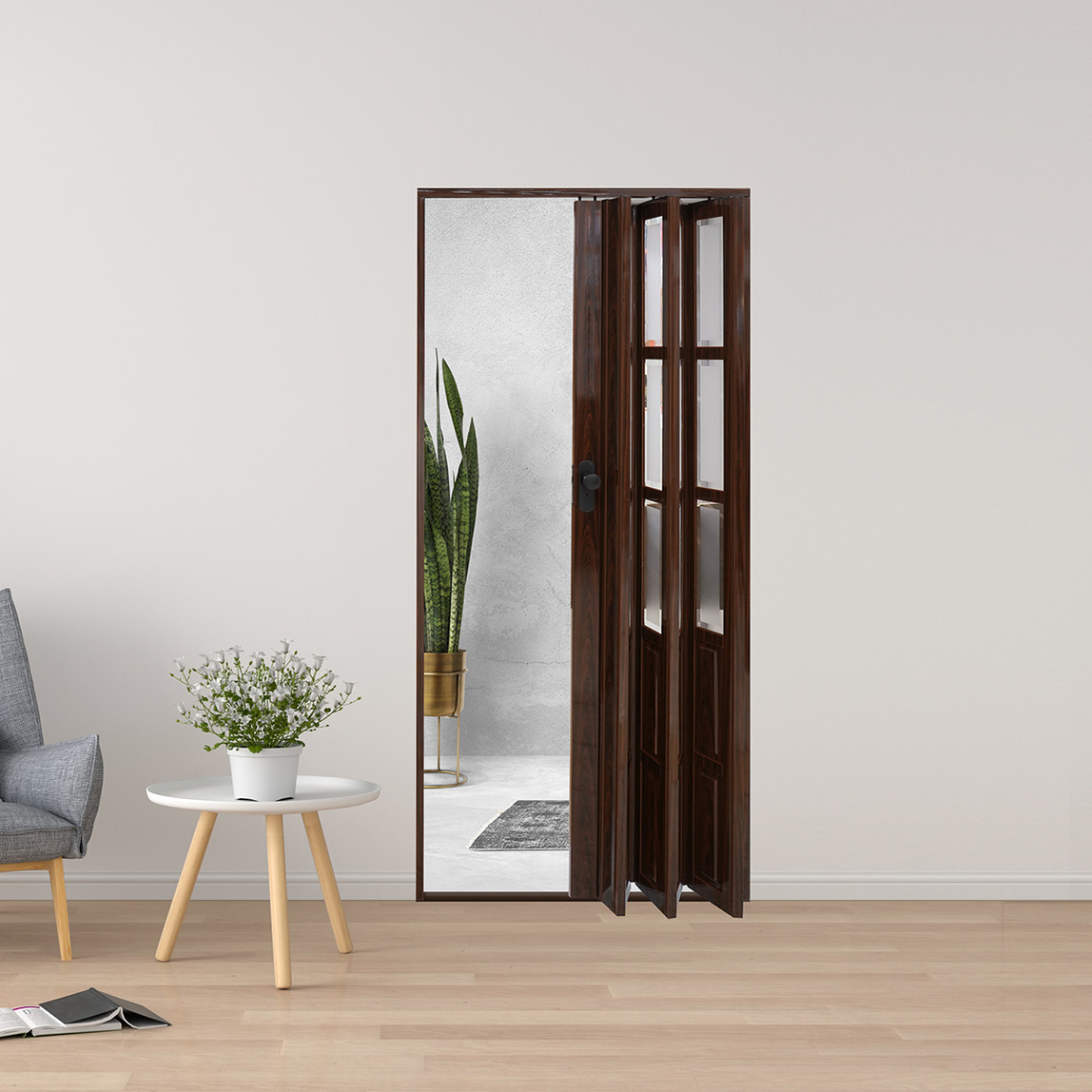    Lorin Katlanır PVC Camlı Akordiyon Kapı Kahverengi 