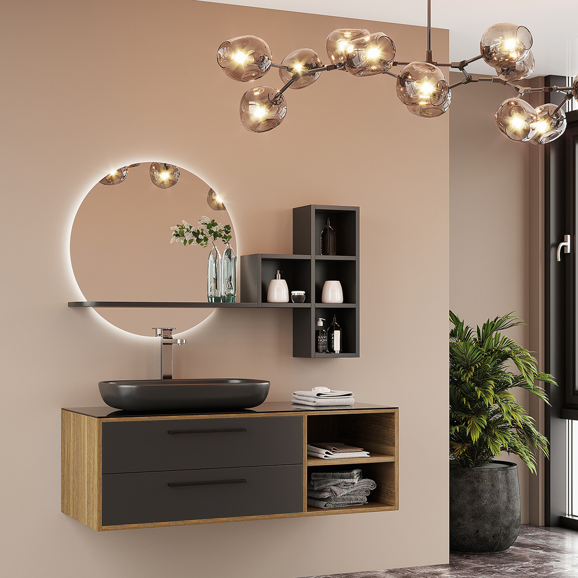    Polka Oria Aynalı 122 cm Takım Banyo Dolabı Antrasit-Ceviz 