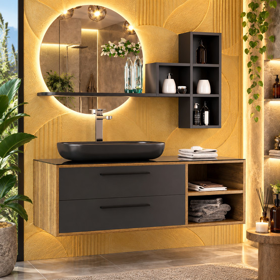 Polka Oria Aynalı 122 cm Takım Banyo Dolabı Antrasit-Ceviz
