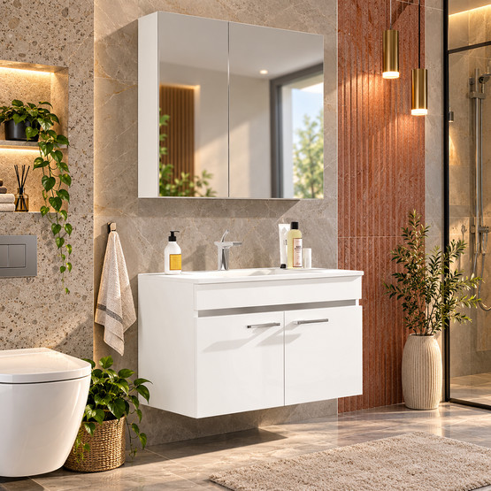 Gold Banyo Alba Aynalı 100 cm Takım Banyo Dolabı Beyaz
