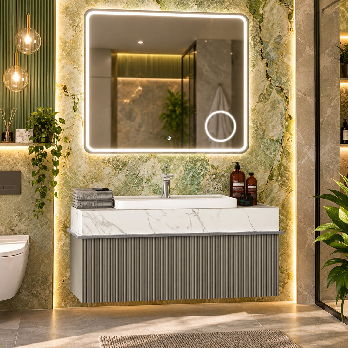    Gold Banyo Agata Aynalı 100 cm Takım Banyo Dolabı Beyaz 