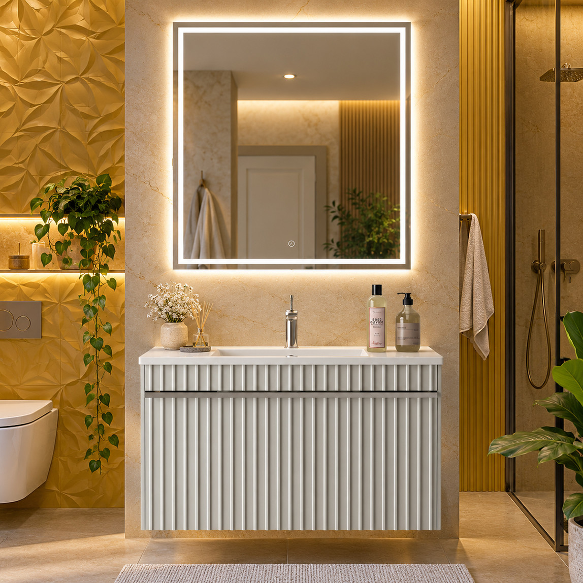    Gold Banyo Rocco Aynalı 80 cm Takım Banyo Dolabı Gri 