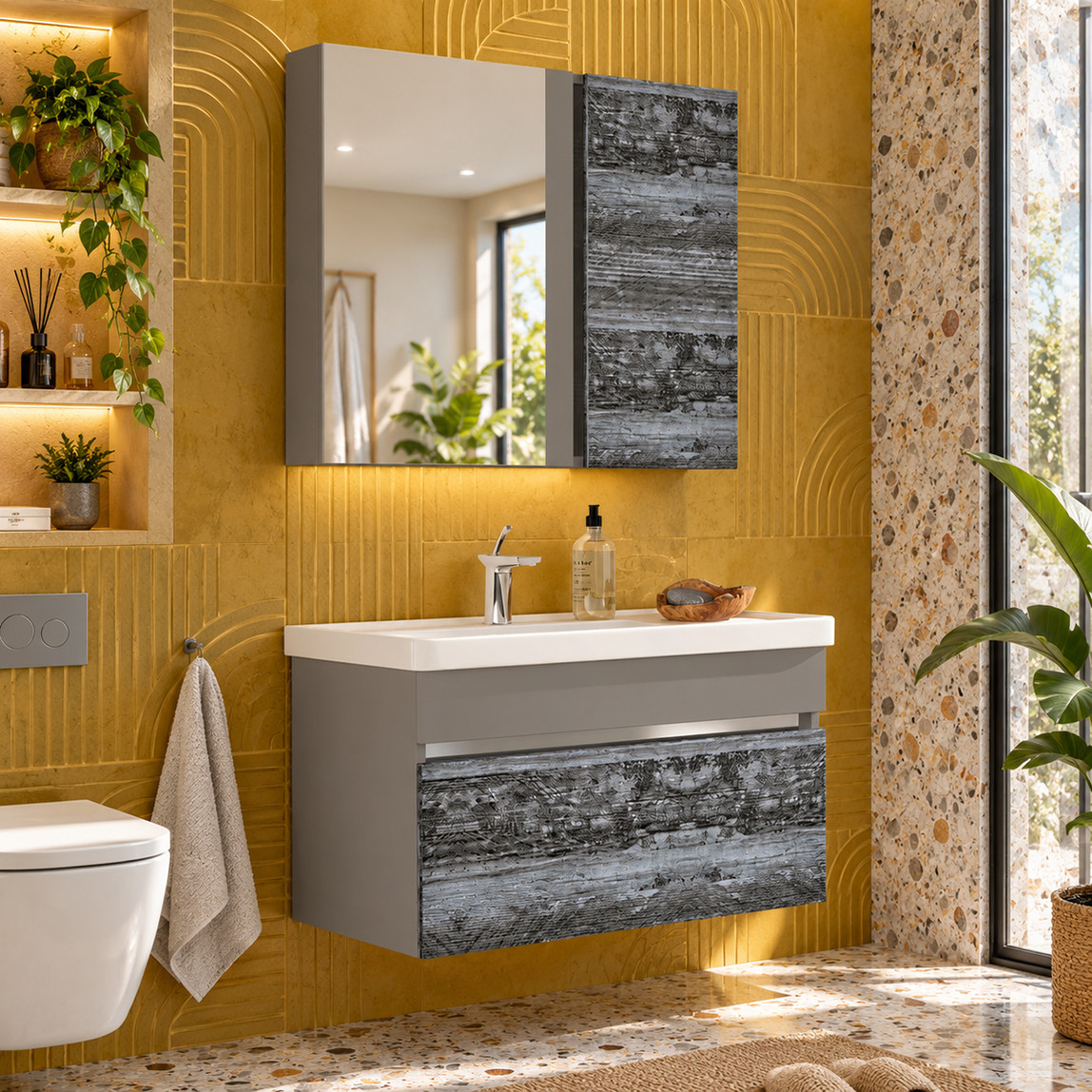    Gold Banyo Ronon Aynalı 80 cm Takım Banyo Dolabı Antrasit 
