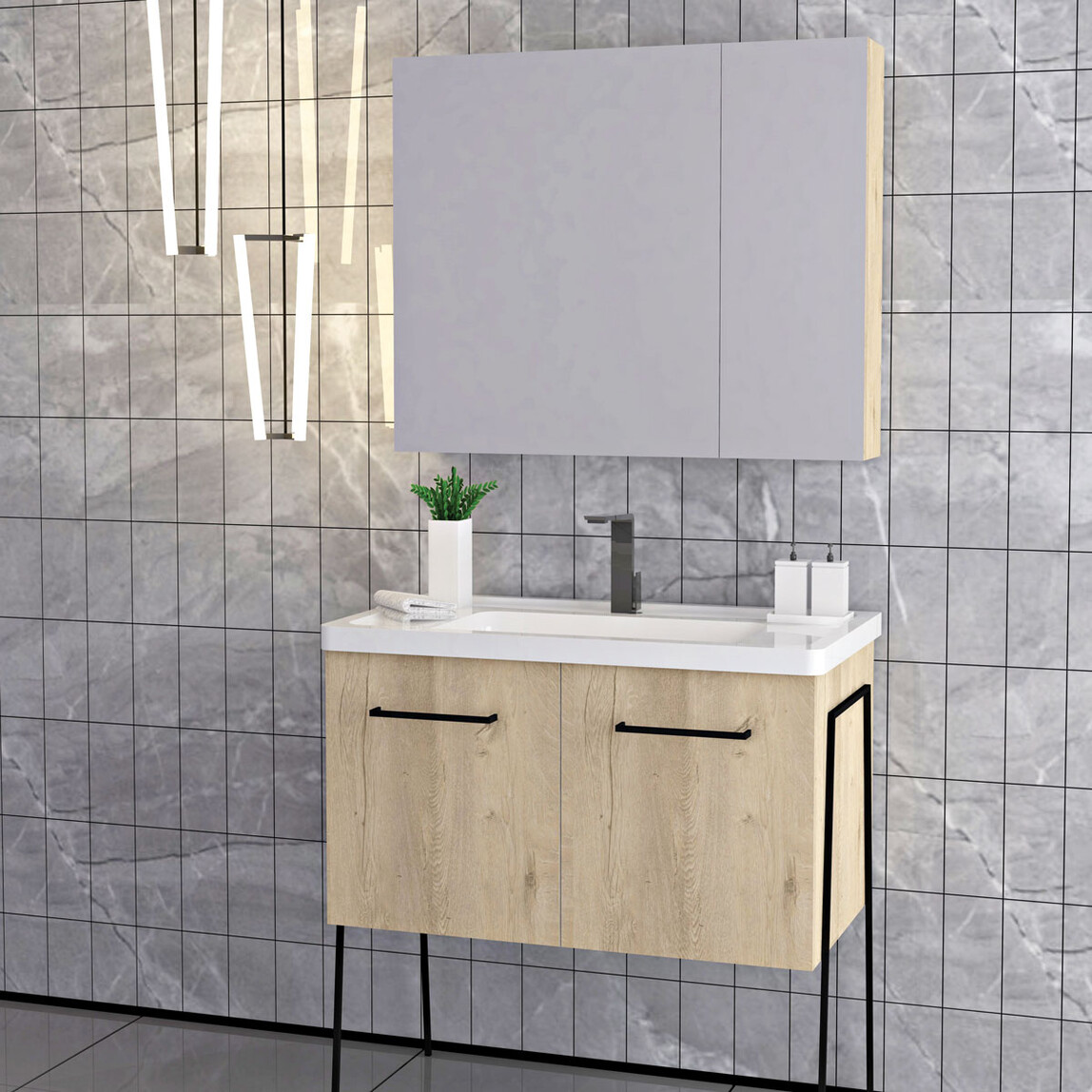    Polka Vega Aynalı 85 cm Takım Banyo Dolabı Açık Ceviz 