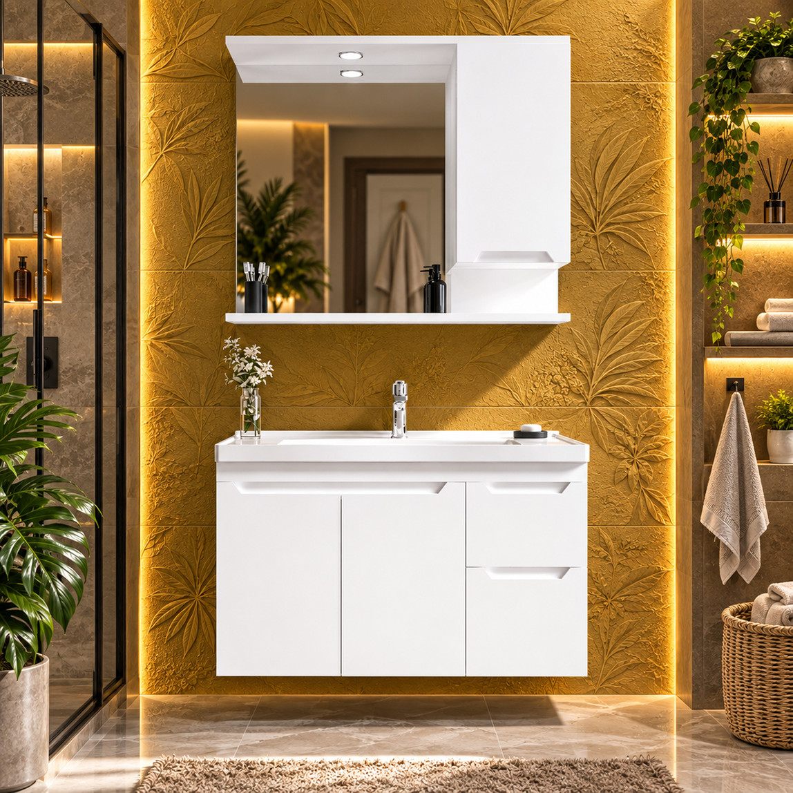    Bonitobagno Rita Aynalı 100 cm Banyo Dolabı Üst Modül Beyaz 