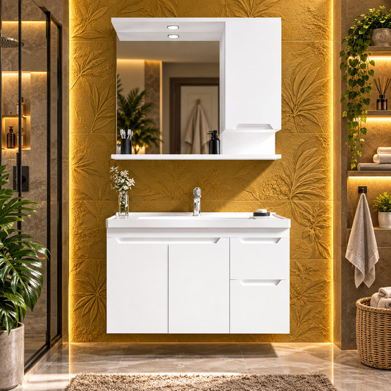 Bonitobagno Rita Aynalı 100 cm Banyo Dolabı Üst Modül Beyaz