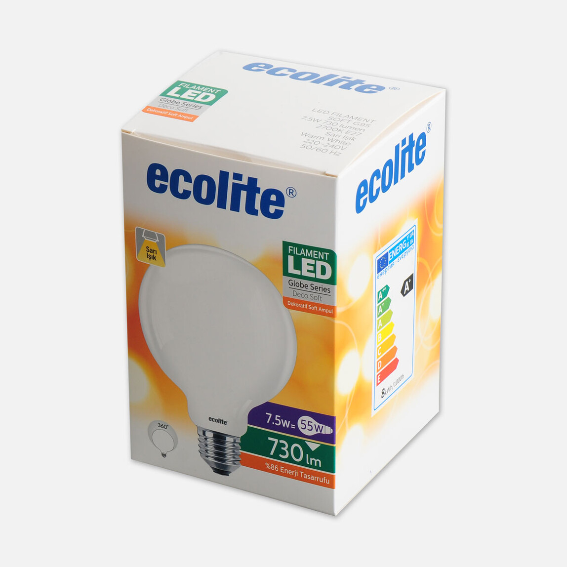    Ecolite Soft Filament G95 7.5 W Sarı Klasik E27 Duy Led Ampul   