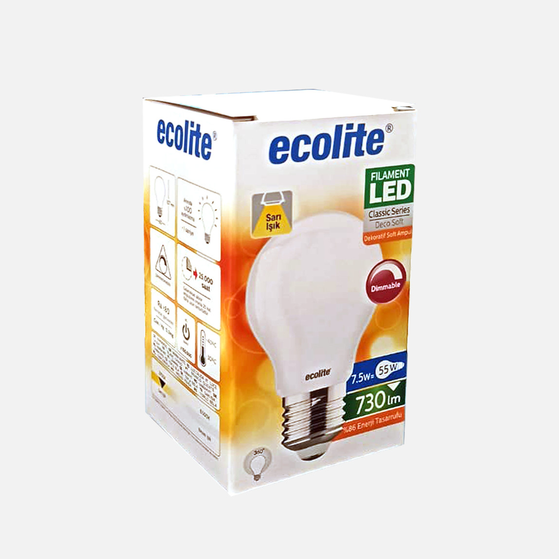   Ecolite Soft Filament Dimmer A60 7.5 W Sarı Klasik E27 Duy Led Ampul   