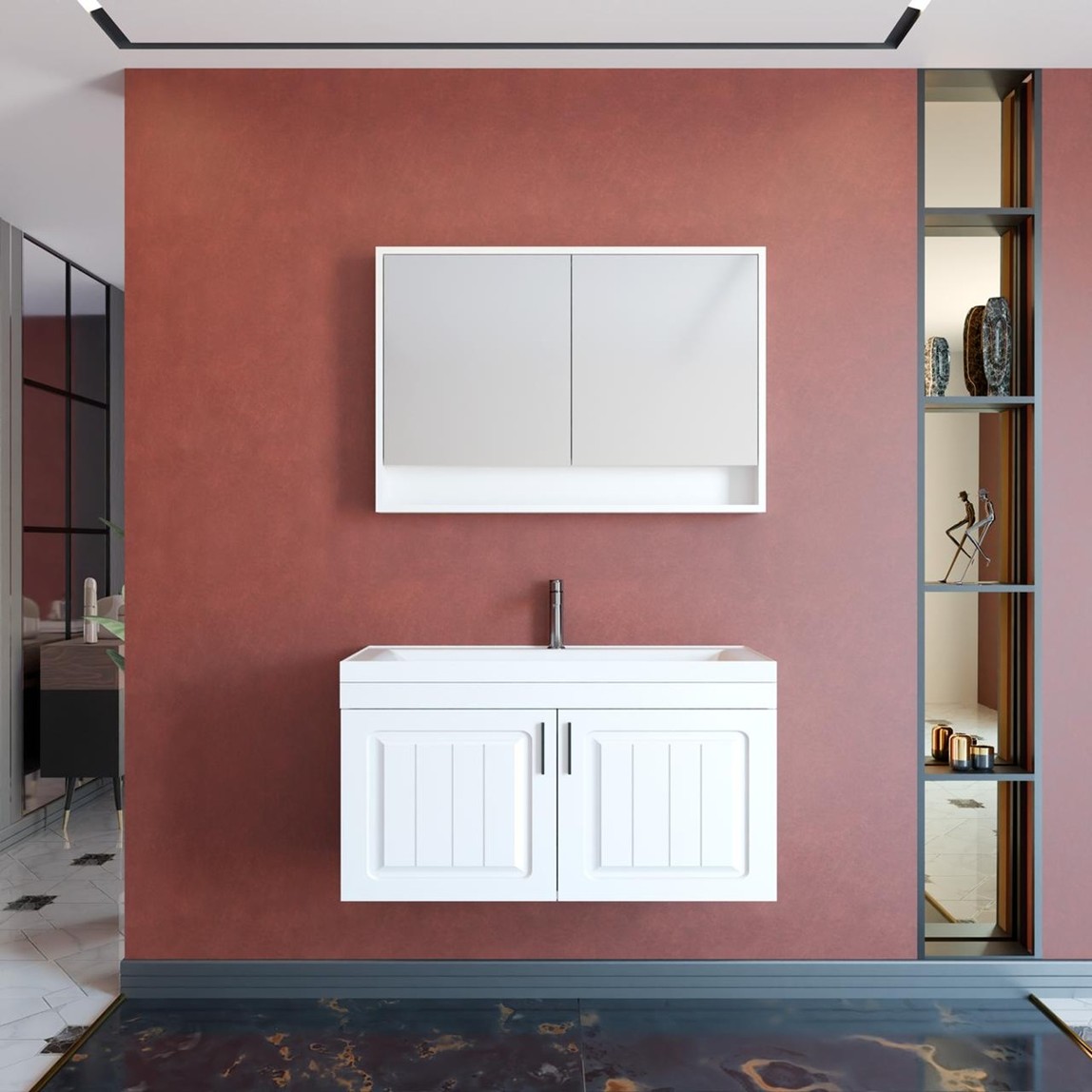    Gold Banyo Aria Aynalı 100 cm Takım Banyo Dolabı Beyaz 