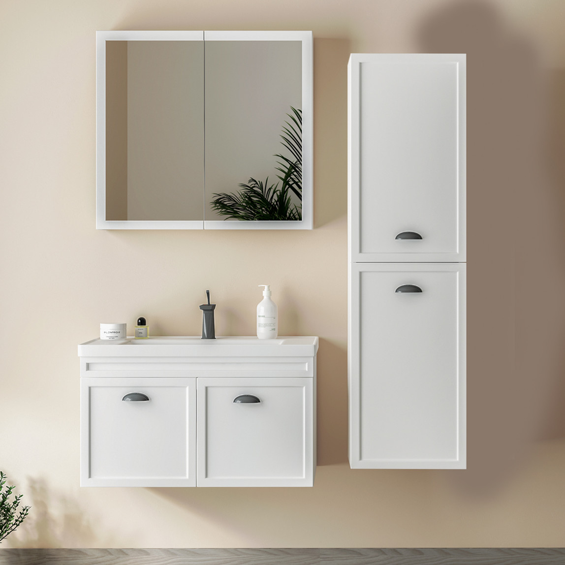    Polka Tria Aynalı 80 cm Takım Banyo Dolabı Beyaz 