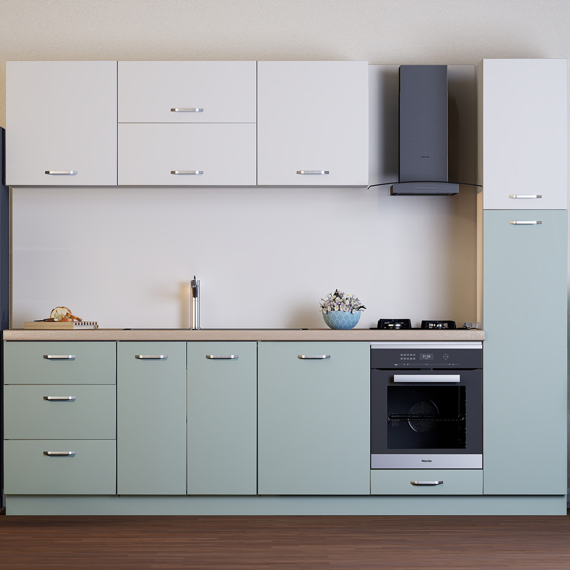    Argemon Milano Evogloss 7 Kapaklı 3 Çekmeceli Ahşap Açık Gri - Su Yeşili 90 x 255 x 60 cm Mutfak Dolabı  