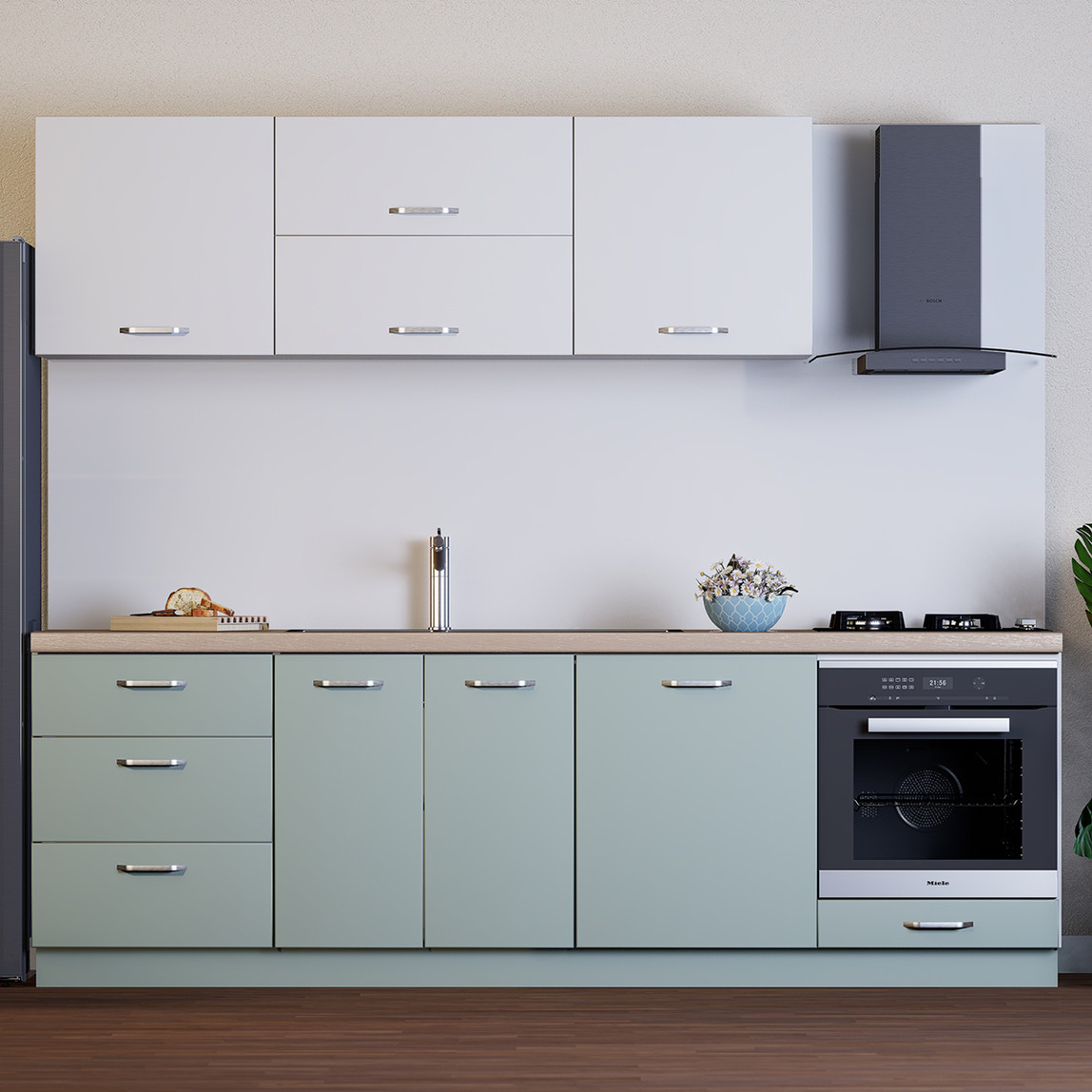    Argemon Milano Evogloss 7 Kapaklı 3 Çekmeceli Ahşap Açık Gri - Su Yeşili 90 x 255 x 60 cm Mutfak Dolabı  