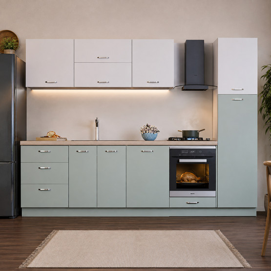 Argemon Milano Evogloss 7 Kapaklı 3 Çekmeceli Ahşap Açık Gri - Su Yeşili 90 x 255 x 60 cm Mutfak Dolabı 
