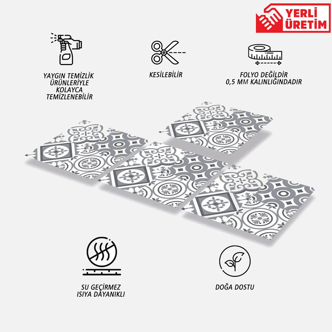    Tink Geometri Desenli Gri Zemin PVC Karo 30 x 30 cm 