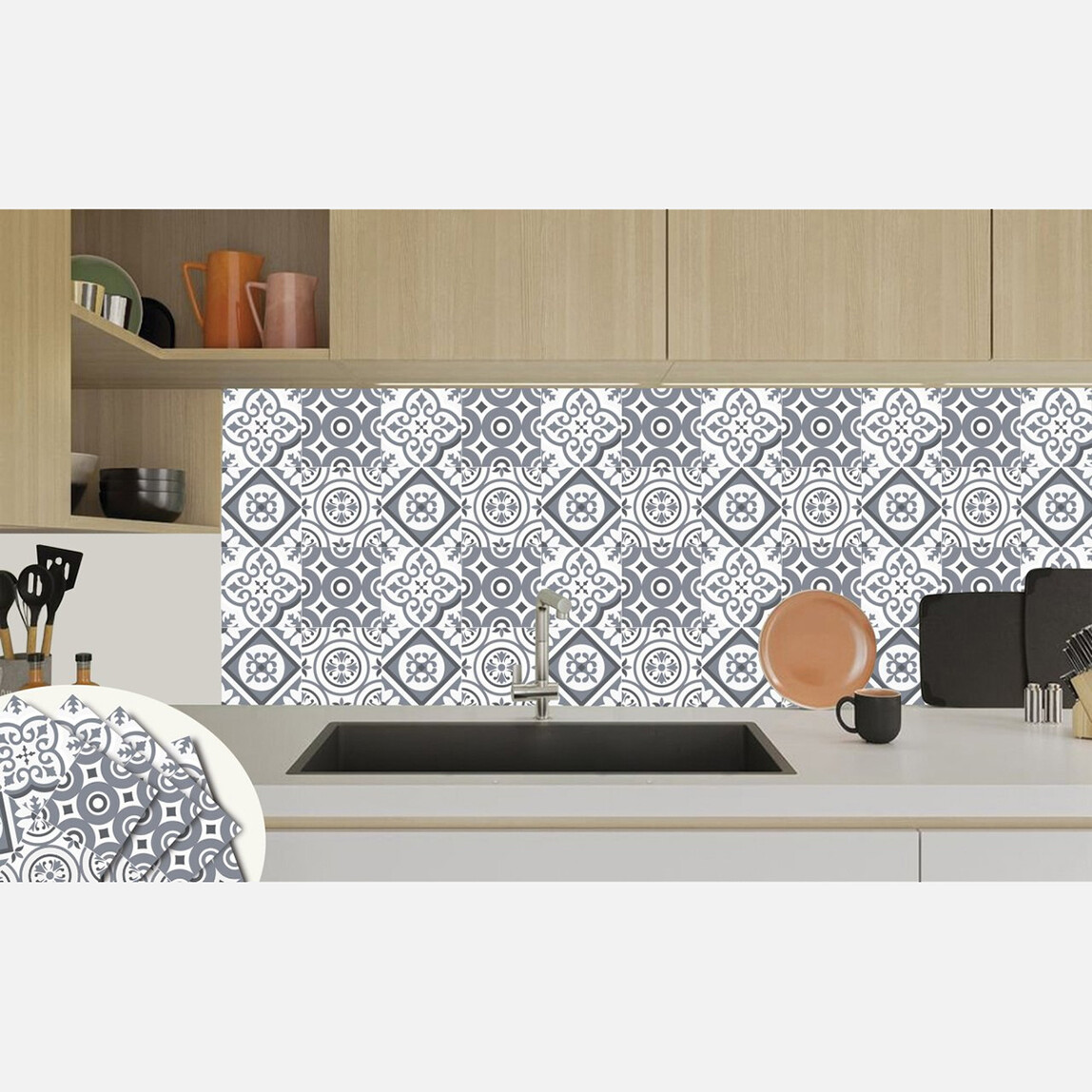    Tink Geometri Desenli Gri Zemin PVC Karo 30 x 30 cm 