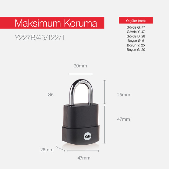 Yale 45 mm Protector Zor Hava Şartlarına Dayanıklı Asma Kilit -  Yarı Açık Blister 