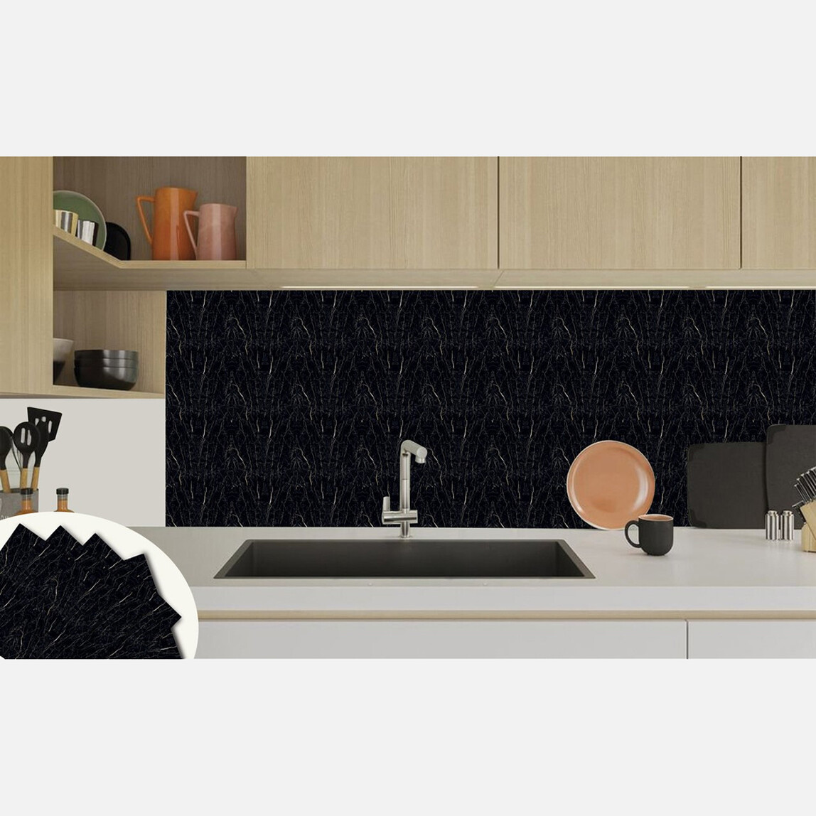    Tink Mermer Desenli Siyah Duvar PVC Karo 30 x 30 cm  