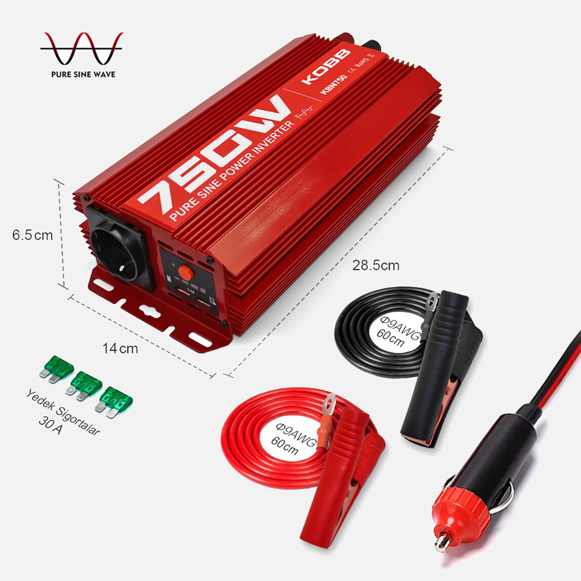    Kobb KBN750 12V/220V 750Watt Tam Sinüs Dönüştürücü İnvertör  