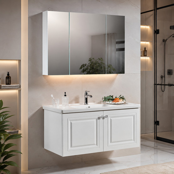 Polka Linde Aynalı 100 cm Takım Banyo Dolabı Beyaz