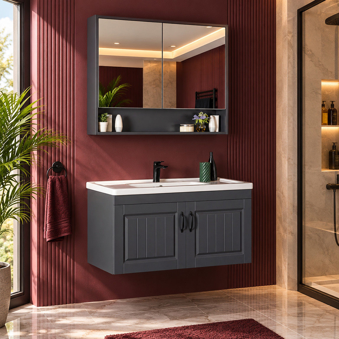    Malin Aynalı 105 cm Takım Banyo Dolabı Antrasit 