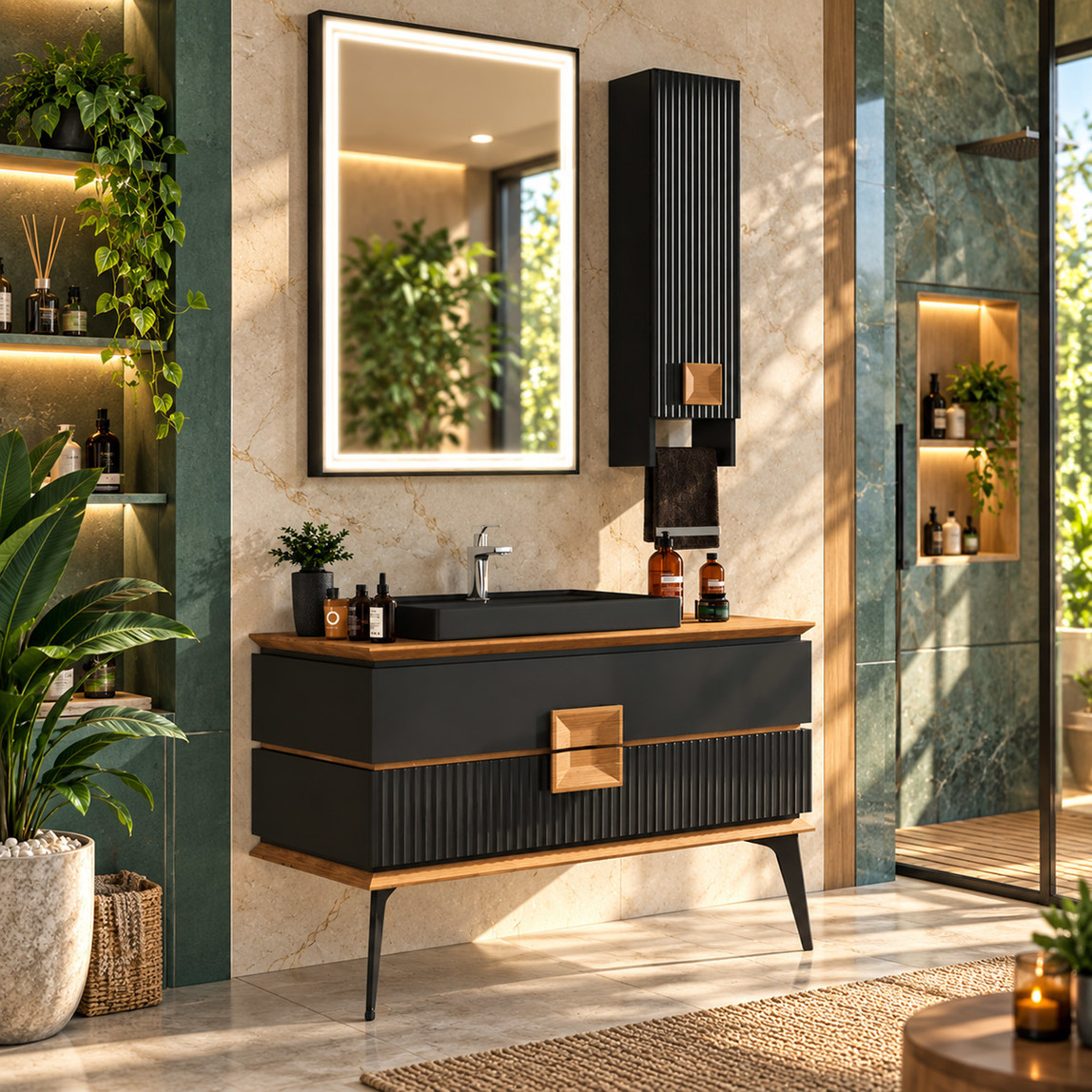    Gold Banyo Cavalli Aynalı 109 cm Takım Banyo Dolabı Siyah 