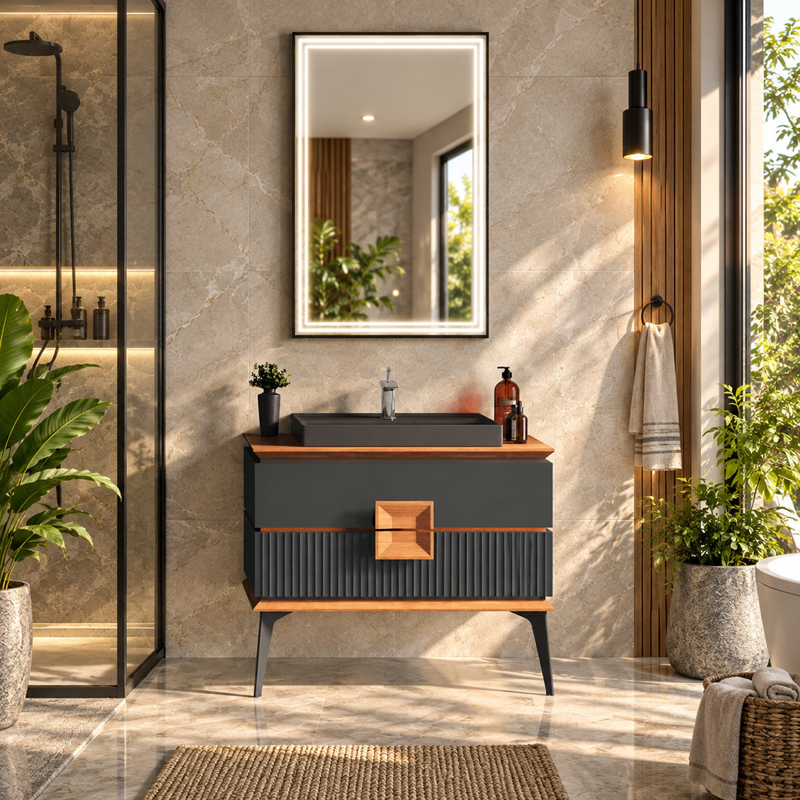    Gold Banyo Cavalli Aynalı 89 cm Takım Banyo Dolabı Siyah 