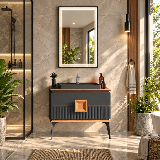Gold Banyo Cavalli Aynalı 89 cm Takım Banyo Dolabı Siyah