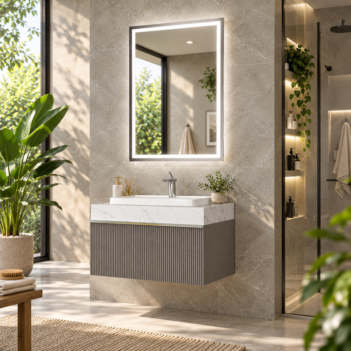    Gold Banyo Agata Aynalı 80 cm Takım Banyo Dolabı Antrasit 