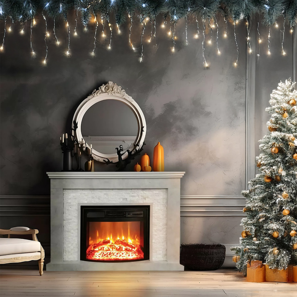    Dlc Retro Beyaz Taşlı 1800W Beton Desen Dekoratif Şömine  