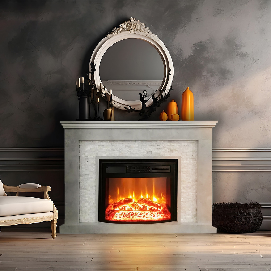    Dlc Retro Beyaz Taşlı 1800W Beton Desen Dekoratif Şömine  